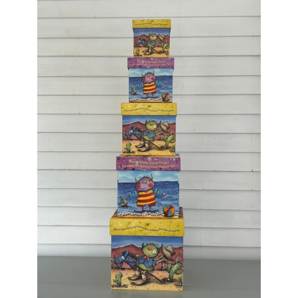 Little Monsters Nesting Boxes Decorative Set Rustic Whimsical Art Set‎ of 5